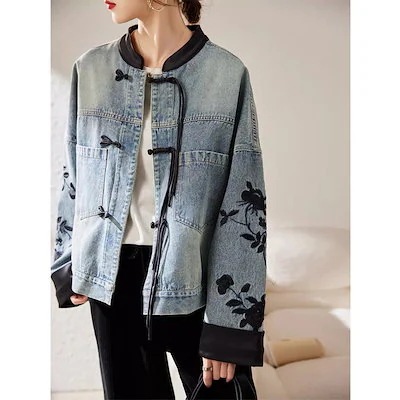 韓国人気 デニムジャケット レディース 新中国風デニムコート女性春秋服2024新ゆったり国風トップ