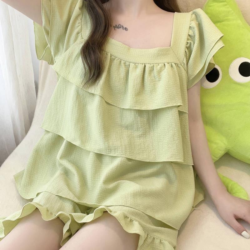 パジャマ ウェアかわいいパジャマ夏新型半袖フリルの部屋着点セットレディース 韓国ファッション