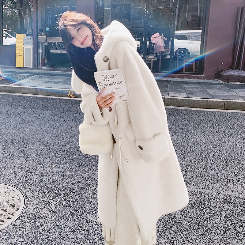 韓国ドラマヒロインモデルフード付きミドル丈コート秋冬ファー一体化韓国新風怠惰で厚くて暖かい