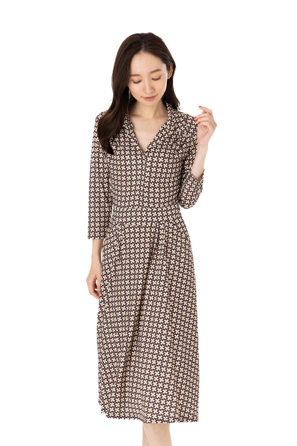 エジェリワンピース EGERIEワンピース T1 T2 T3サイズ 七分袖 ミモレ丈ワンピース 総柄 襟 ジャージー インポートワンピース ベージュ