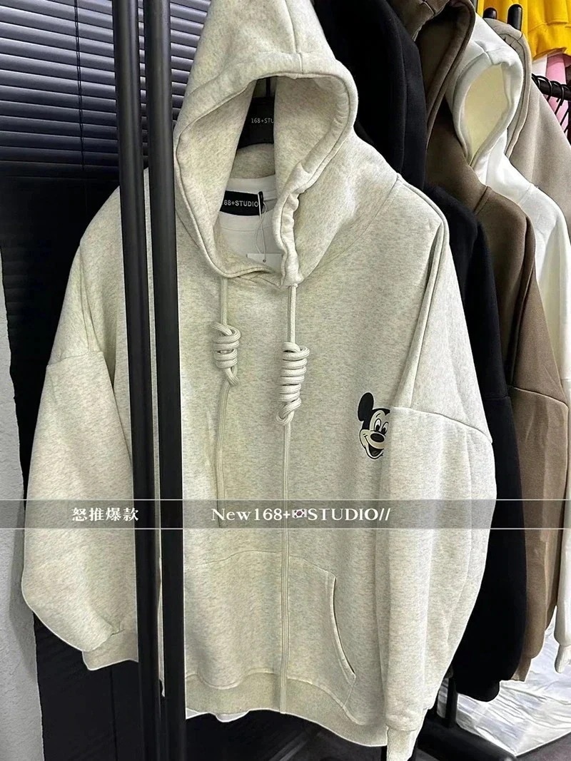 トップスTシャツカットソーミッキー女性用フード付きスウェットジャケットお尻をカバーする厚みのあるゆったりとしたミッキートップ