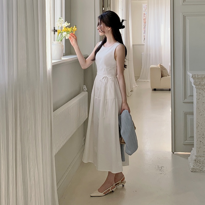 [top0625] 韓国ファッション メリティン スリーブレス バンディング ロング ワンピース