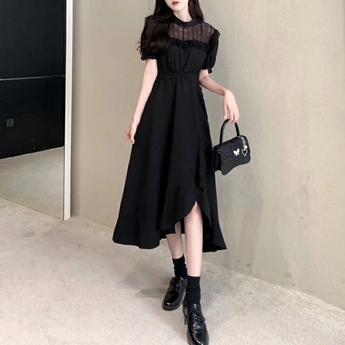 ワンピース ドレス 袖あり レース フリル レディース きれいめ カジュアル ミモレ丈 大人 可愛い 半袖 フェミニン Aライン アシンメトリー 体型カバー リボン 透け感 ハイウエスト ブラ