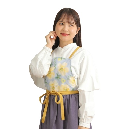 山野草 野菜花 ハーブ をモチーフしたドレスエプロン イワウメ柄 D-0006 リネン素材 肩紐落ちない ギャザー入りで動きやすい 着たまま外出可能 刺繍エンブレム 140cm-160cm
