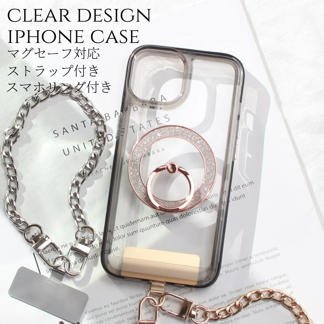 iphone ケース クリア リング付き iphone16 iphone15 iphone14 13 12 mini チェーン ストラップ magsafe マグセーフ マグネット 16 14 15