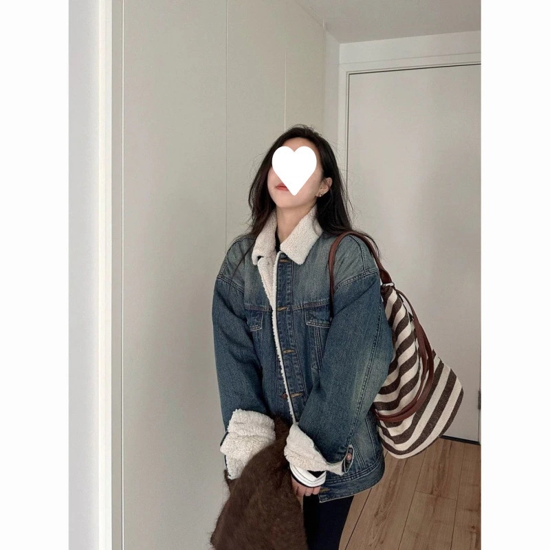 女性用の新しい冬用デニムジャケットフリースとラムウールの裏地付き韓国風ゆったりとしたフィット感レトロなジャケット