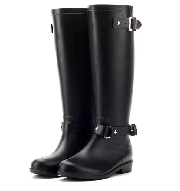 【急速出荷!】セール レインブーツ 梅雨対策はお早めに！ レディース ロング エンジニア ファスナー バックジップ ローヒール ベルト飾り 軽量 防水 長靴 ロングブーツ