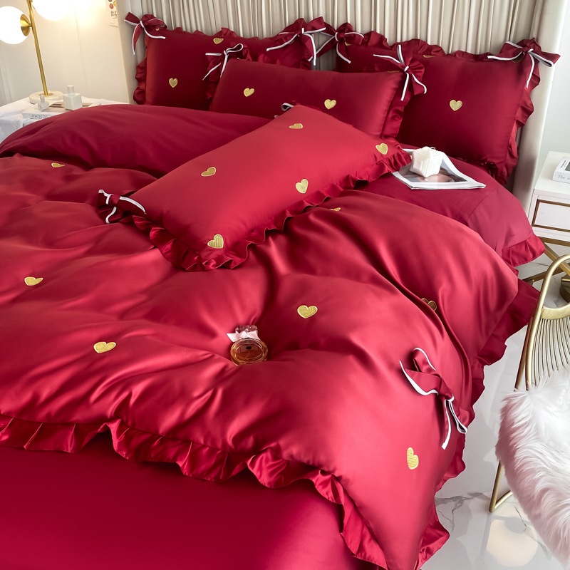 バーガンディラブ4ピースの純粋な綿シートシルクキルトカバーウェディングウェディングウェディングウェディングウェディングキルトの寝具 7,679円