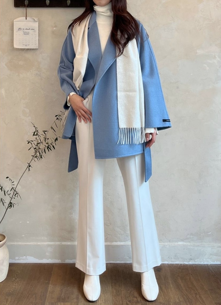 韓国TODAH7 ミディアムコート ハーフコート 両面プレミアムウール100% [ハンドメイド] ラブラト スカイブルー色 ライトブルー色 Mサイズ オーバーフィット ルーズフィット