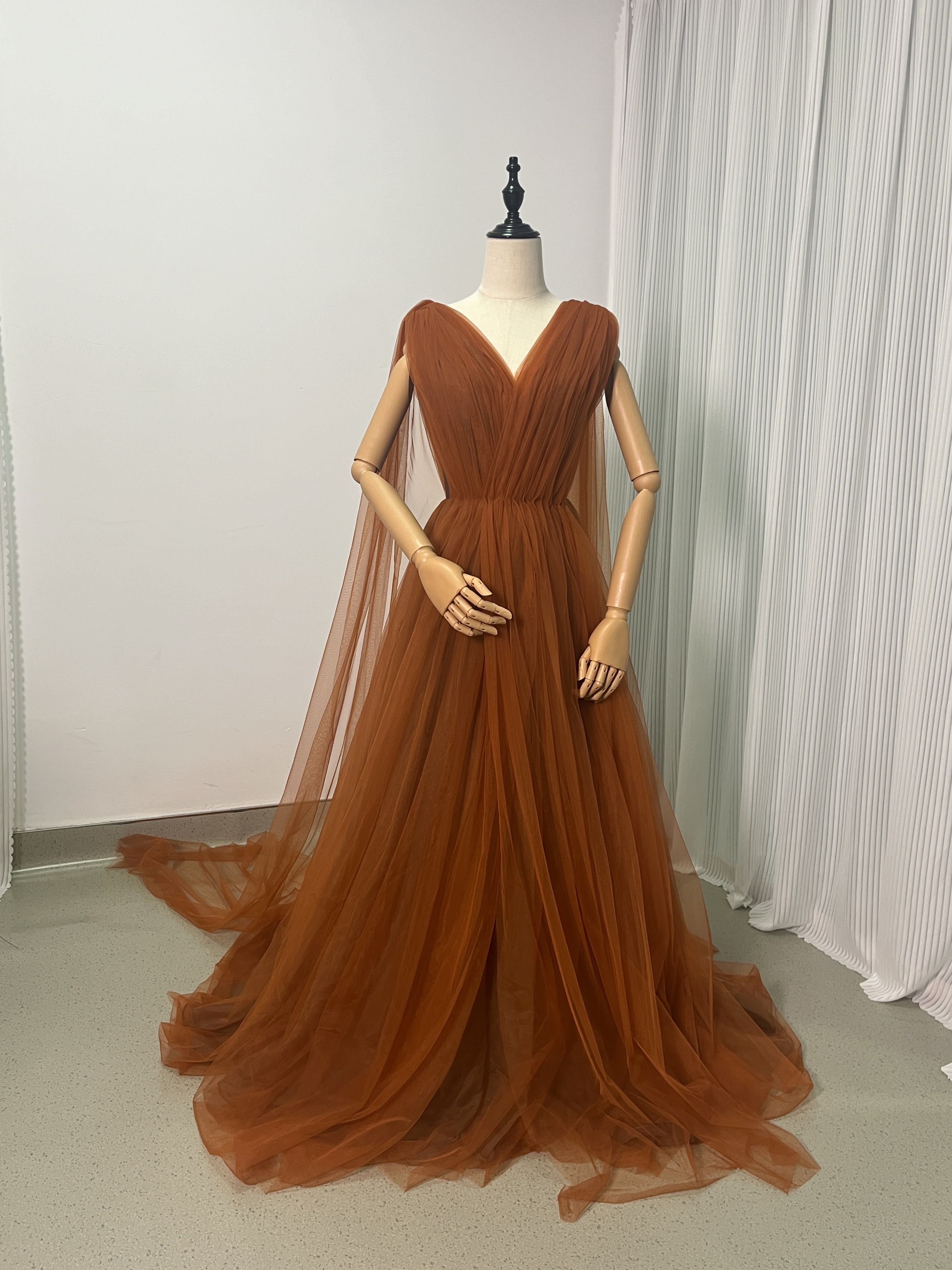 カラードレス オレンジ ソフトチュール Vネック 編み上げ 2次会/合コン/デート