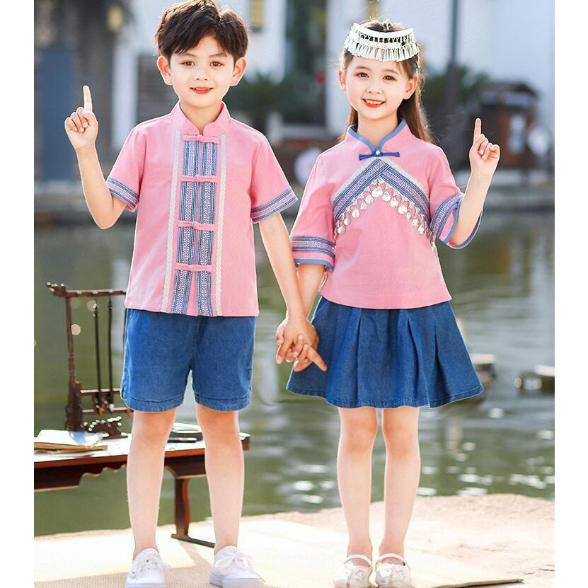 風子供服 キッズ 中華服 チャイナ服 女の子 男の子 半袖（五分袖）ピンクチャイナブラウス 膝丈 デニムスカート デニムパンツ 上下セット 子供 中華民族とても安い