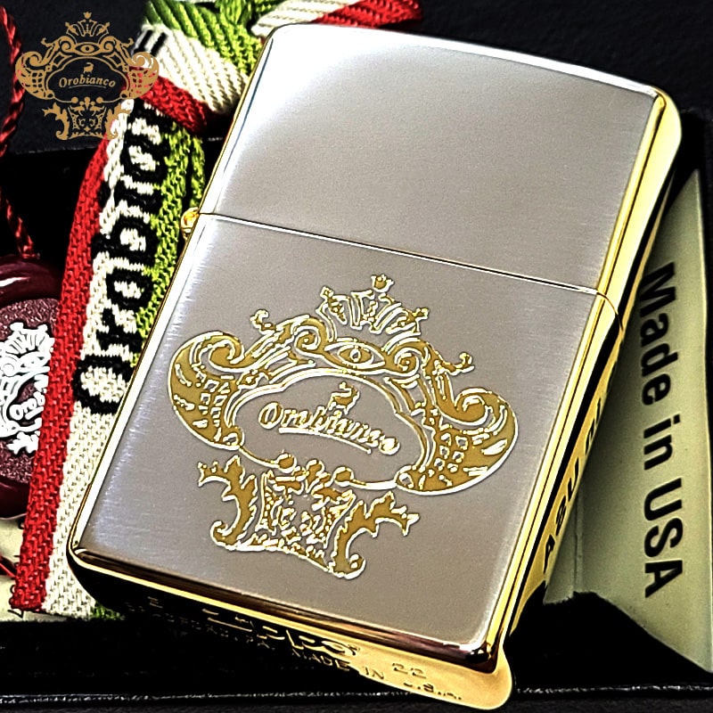 ZIPPO オロビアンコ シルバー＆ゴールド 金銀 ロゴ ブランド ジッポ ライター Orobinco かっこいい イタリア 金差し シンプル メンズ ミラノ ギフト プレゼント