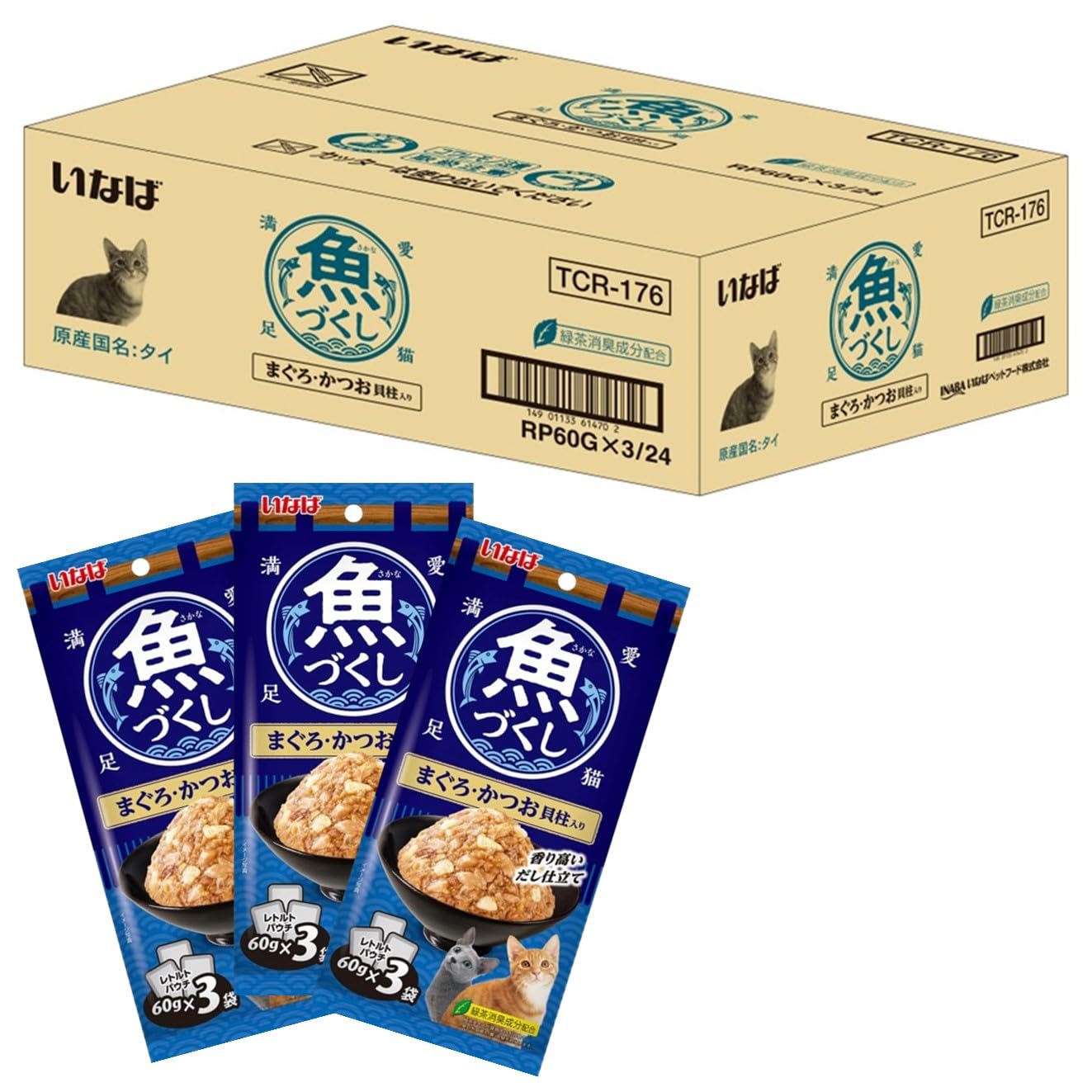 いなば 魚づくし まぐろ・かつお 貝柱入り 60g×3袋×24個 猫用 ウェットフード