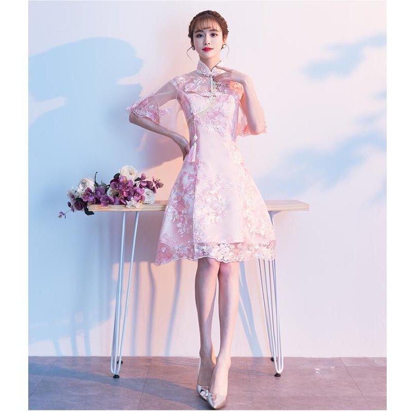 ミモレ丈ドレス ウエディングドレス チャイナドレス 立ち襟 Aラインワンピ パーティードレス カラー