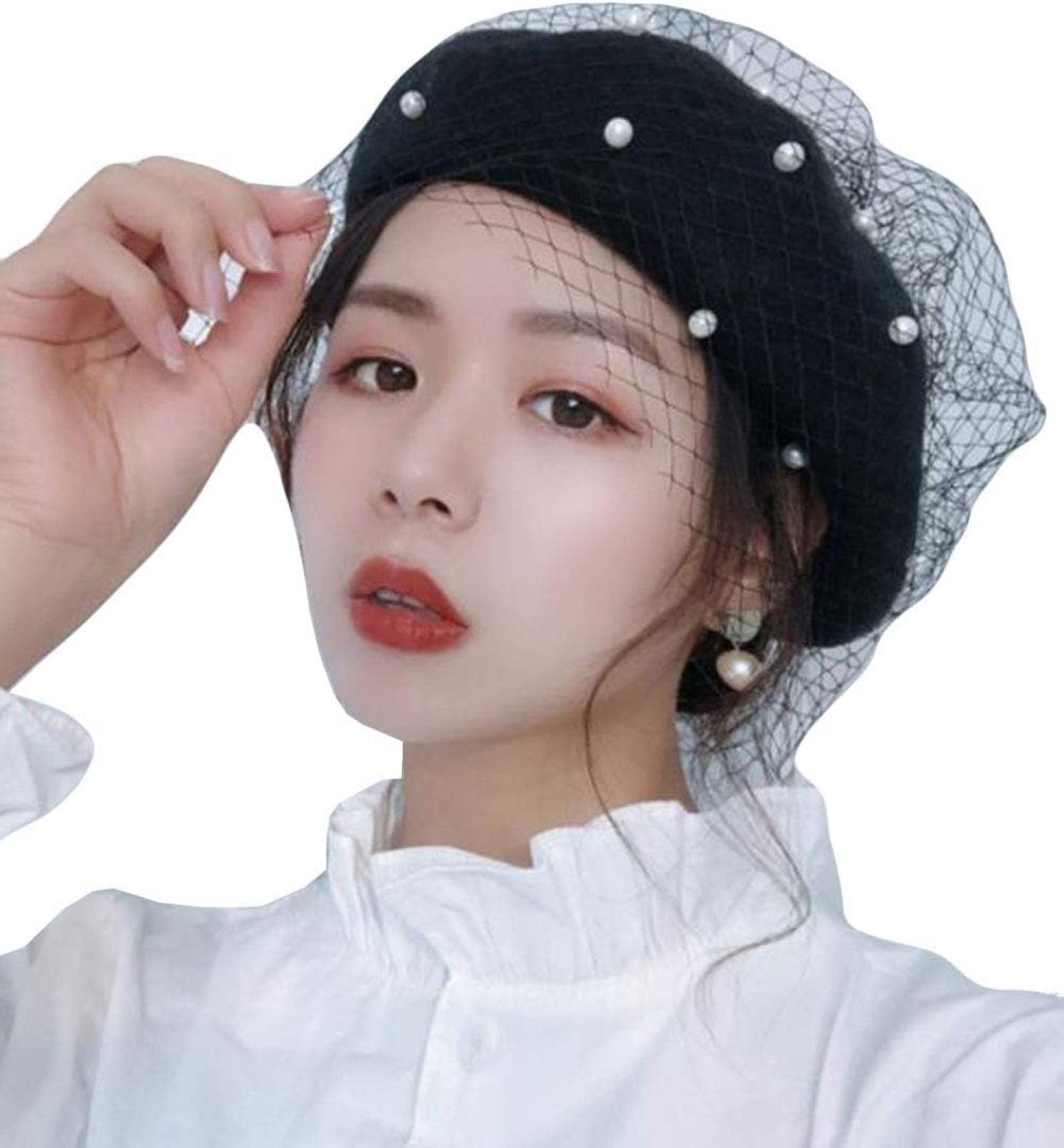 [AOBRICON] エレガント レディース ベレー帽子 秋冬 イギリス スタイル 真珠付き 披露式 結婚式 レトロ ベール 画家帽 ベレー帽子 レディース 髪飾り 欧風 チュール付き