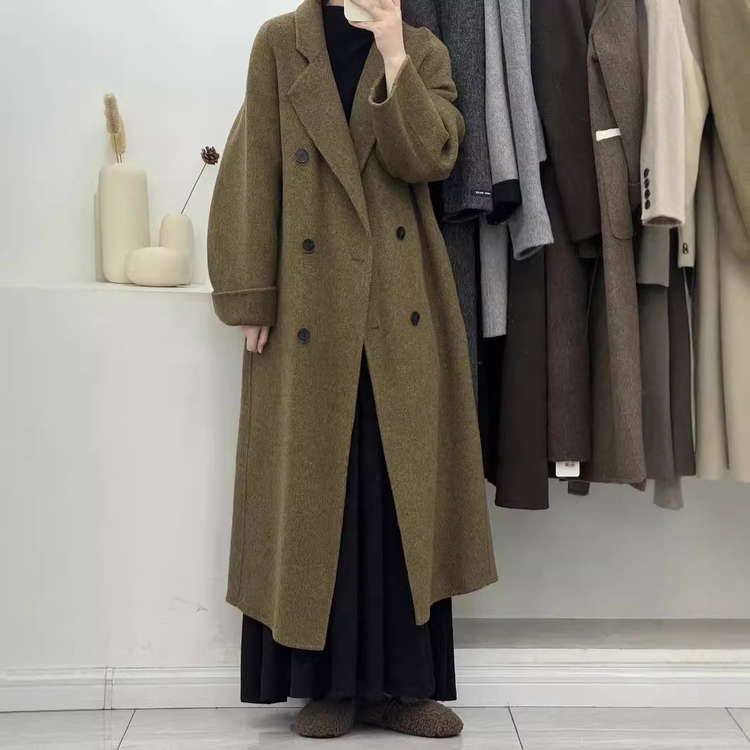 秋冬ツイル両面ウールコートレディースライトスーツ襟厚手あったかカシミヤタッチゆったりウールコート
