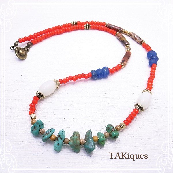 アンティークガラスビーズホワイトハートネックレス 天然石 ペンダント ビンテージ //TAKiques