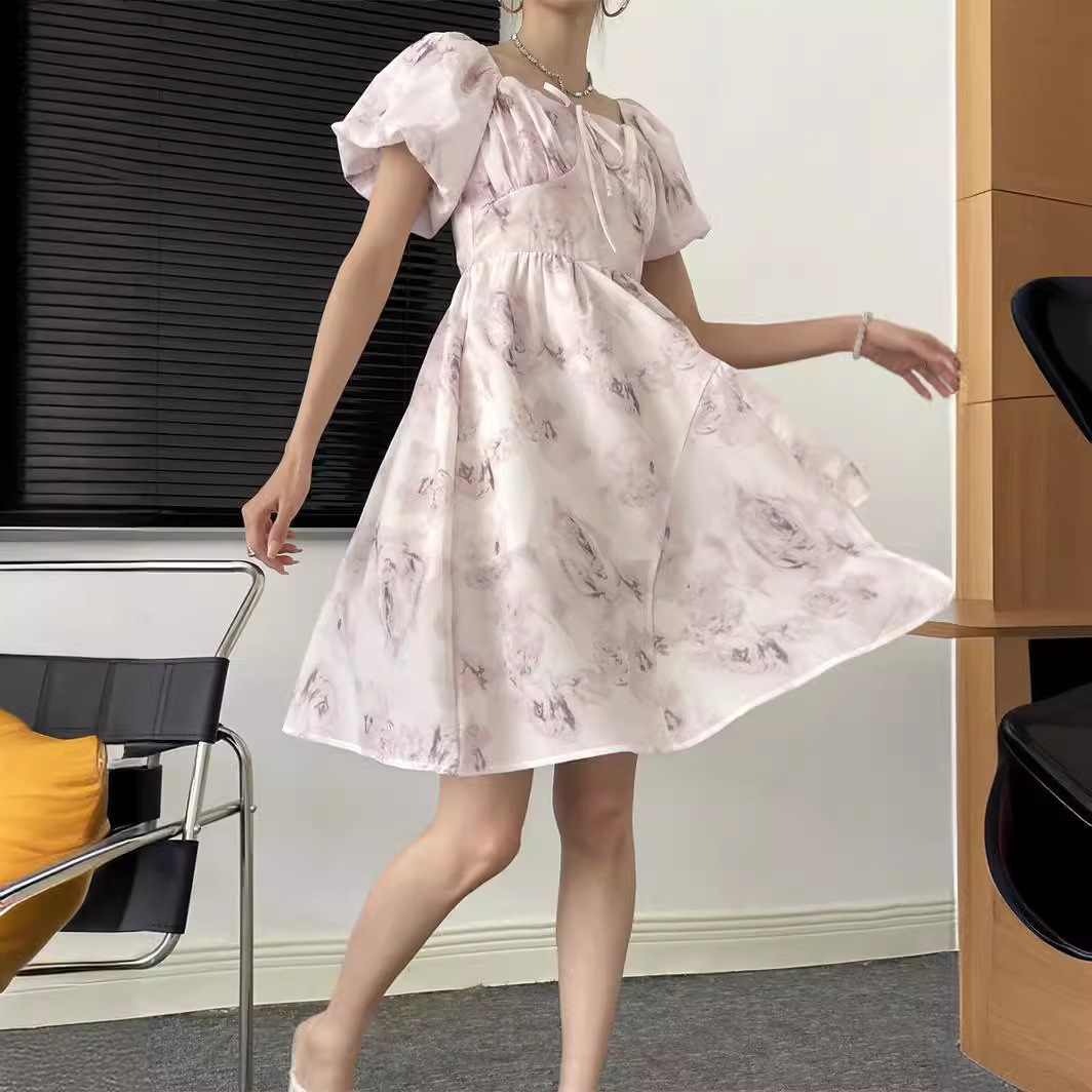 デザイン性 不規則 グラデーション ワンピース フレンチ ウエストマーク 小花柄 ティータイムドレス X75