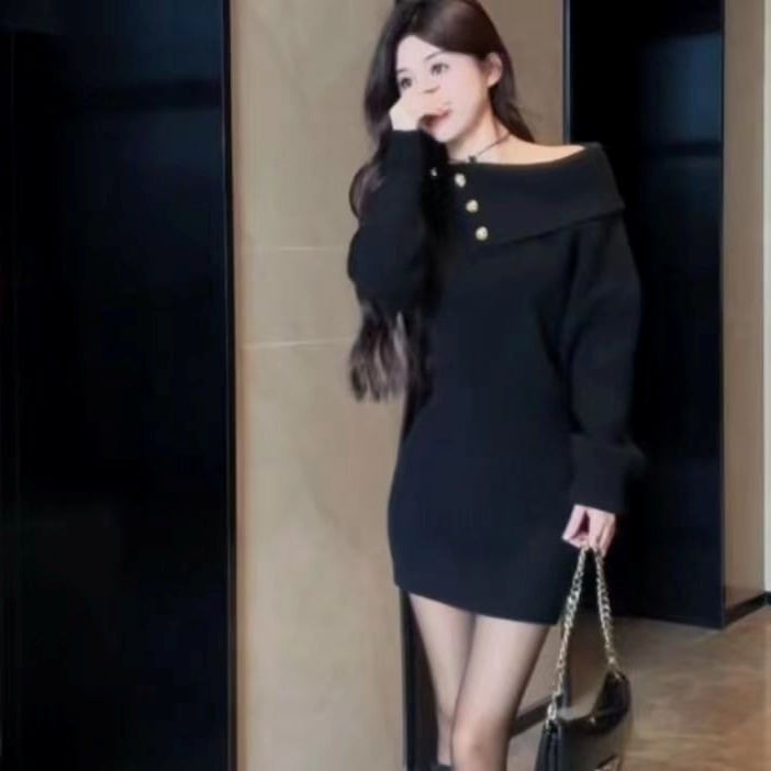 リブニットワンピース ミニ丈ワンピース オフショル タイトワンピース 韓国 レディース オルチャン アシンメトリー 長袖 ワンピース ニットワンピース シンプル 無地 グレー 黒 ブラック