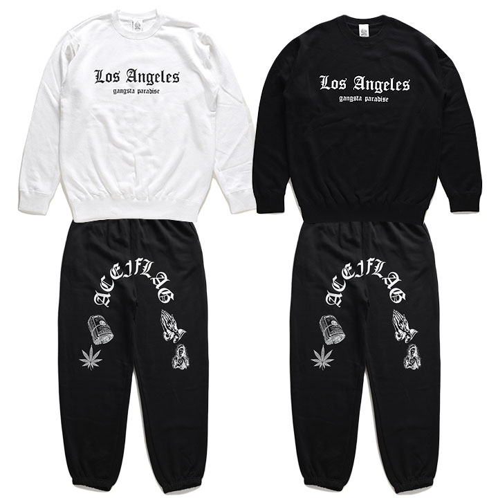 ACE FLAG 上下セット 長袖 ブランド メンズ 春秋冬用 白/黒 大きいサイズ エースフラッグ セットアップ トレーナー スウェット 上下 LA 大麻 マリファナ