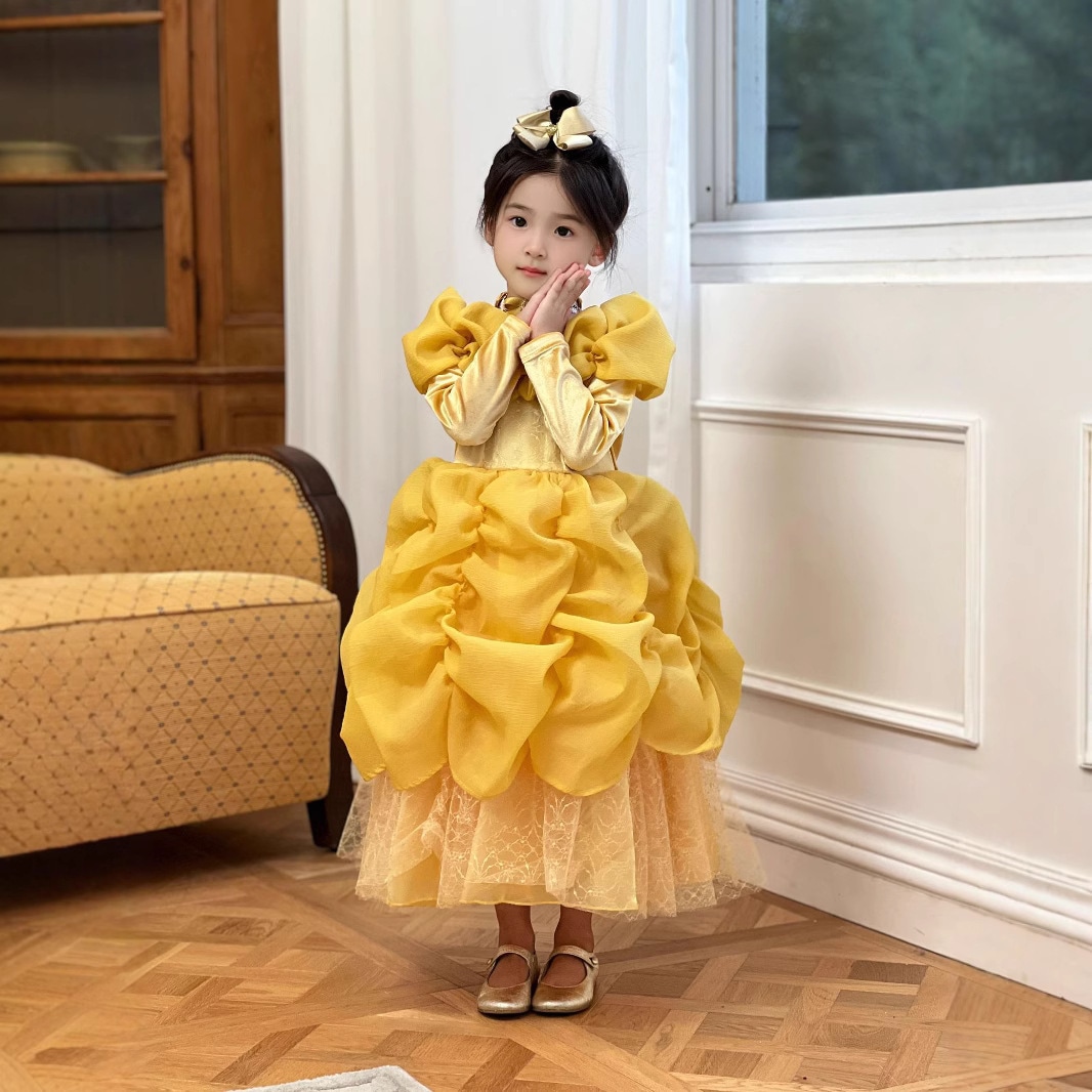 2024新入荷 子供服ガールズ秋と冬の漫画ベルプリンセスメッシュスプライシングチュチュドレス誕生日ドレス