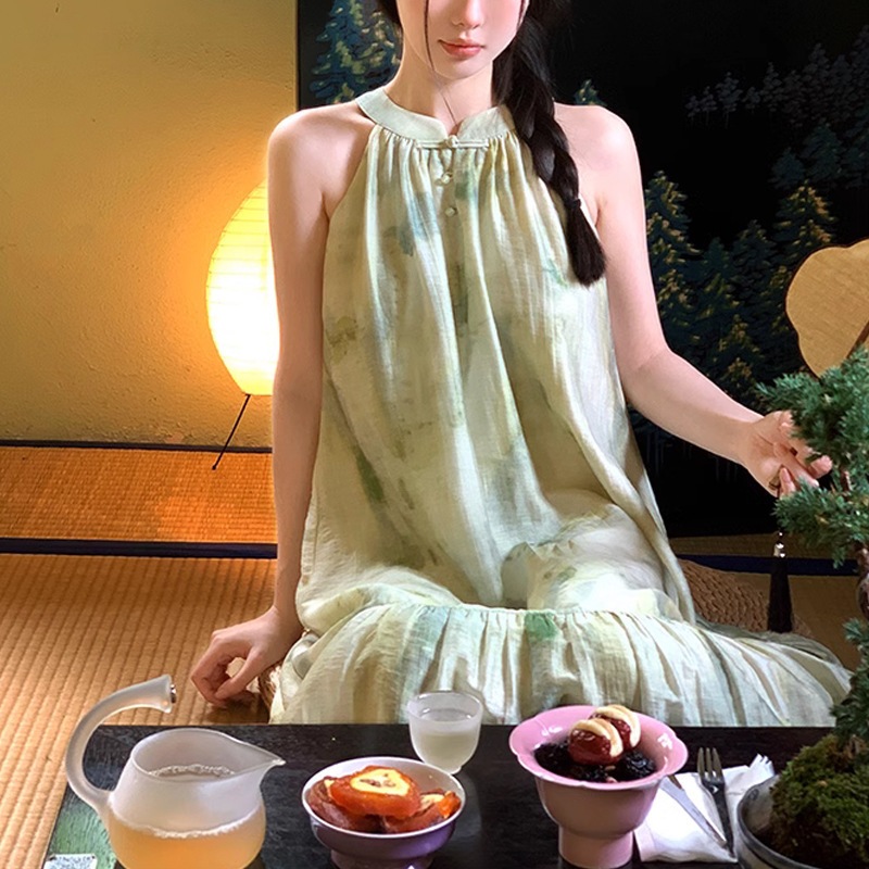 新中国式国風立襟砕花ワンピース子供夏型小柄優しい天糸ロングスカート夏気質スカート