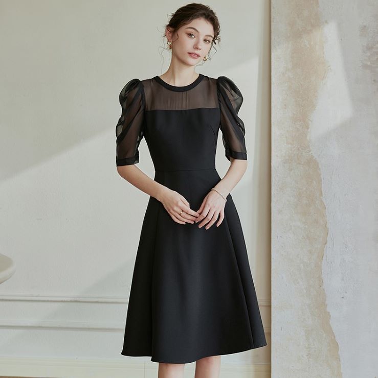 パフスリーブフレアワンピ―ス ワンピース 入園式 ワンピ　結婚式 二次会 入学式 大人 上品 卒業式 OL パーティードレス ドレス フォーマル
