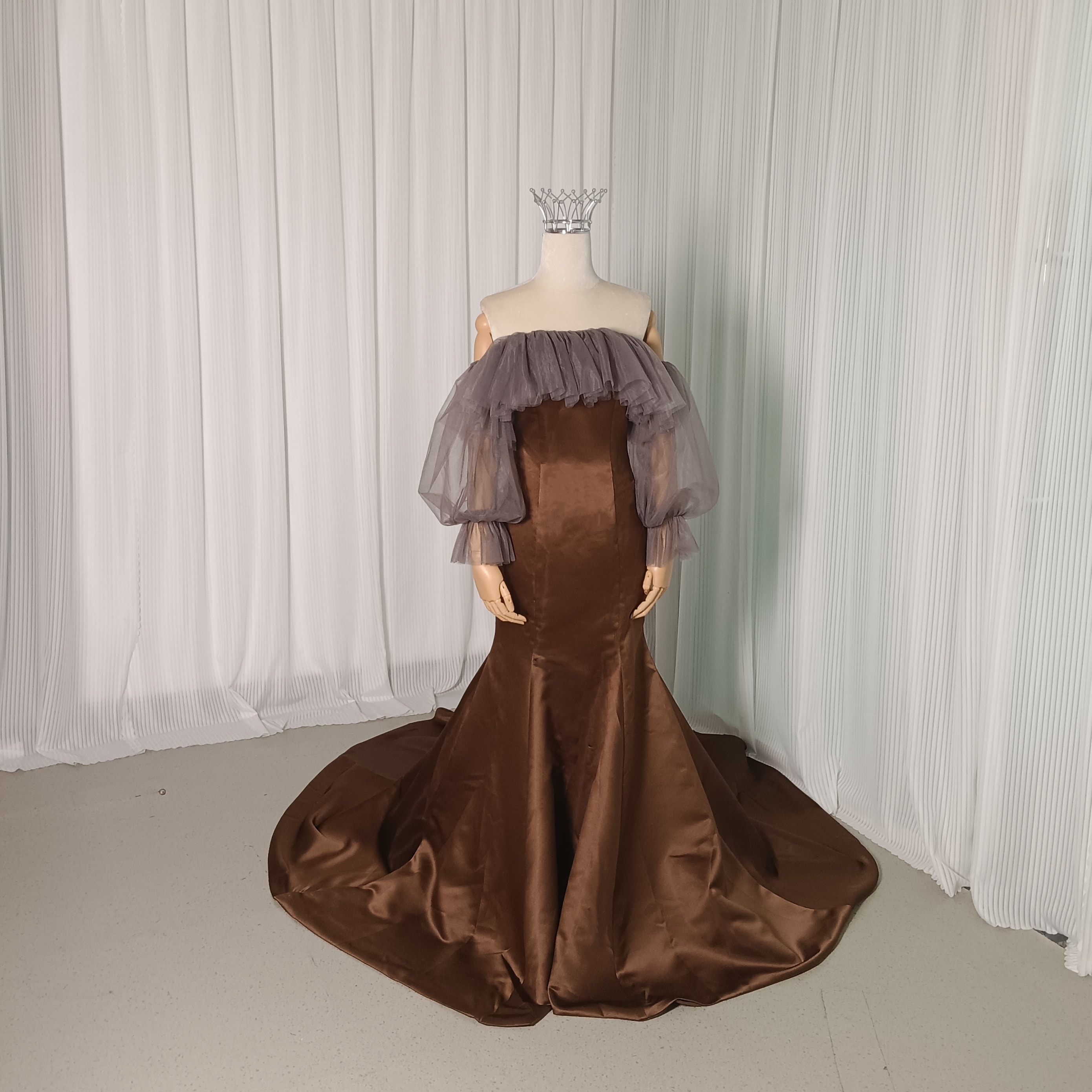 パーティードレス+トップス ツーピース マーメイドライン ブラウン パープル 光沢サテン 前撮り