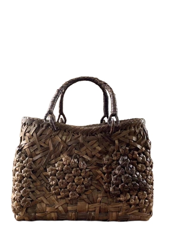 胡桃　籠バッグ　乱れ編み花編み　内布あり (約)幅32本体高さ23マチ13cm