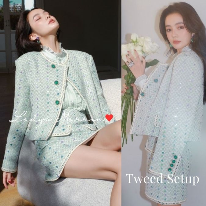 【急速出荷 2025年新作】ツイード セットアップ 韓国 量産型 地雷系 青 同窓会セットアップ 成人式セットアップ ジャケット カーディガン スカート レディース スパンコール ビジュー キラキラ