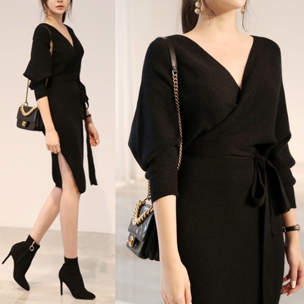 1932.バックストラップニットワンピース（ブラック）2019 春夏 sale ドレス エレガント お呼ばれ パーティー 結婚式 披露宴 女子会 レストラン デート