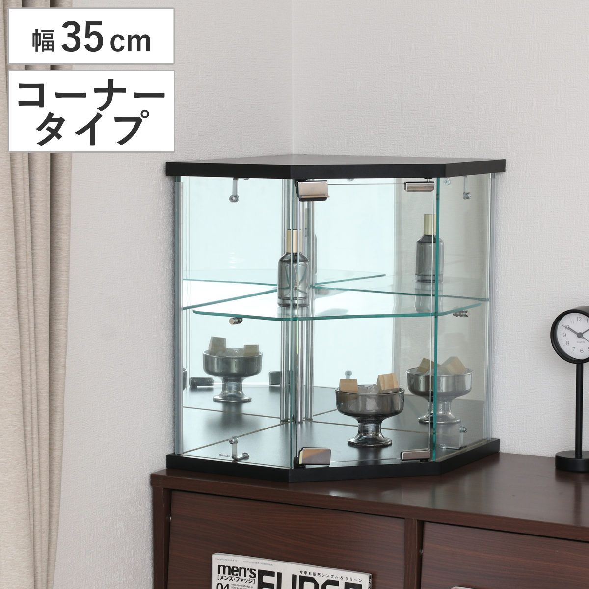 コレクションケース ガラス コーナー型 五角形 背面ミラー 卓上 コレクション ラック 棚 ディスプレイ ガラス製 全面ガラス 棚上 コーナー 収納 展示 フィギュアケース 見せる収納