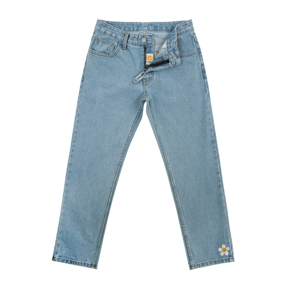 GRAVERフラワースマイル刺繍スリムテーパーデニムパンツスカイブルー
