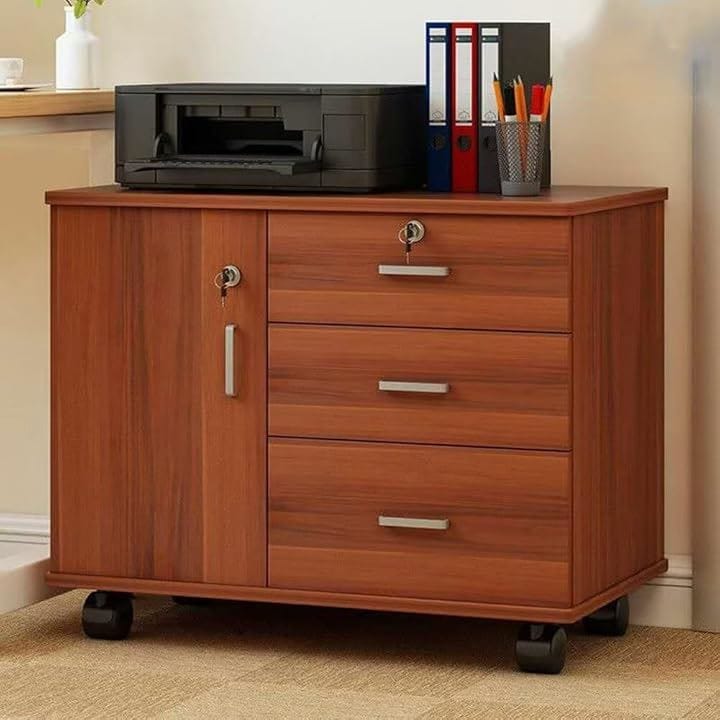 デスクワゴン サイドワゴン キャビネット オフィスワゴン 幅70cmx奥行き40cmx高さ57cm 完成品 組み立て不要 木製 引き出し 鍵付き 自在キャスター付き(ブラウン)