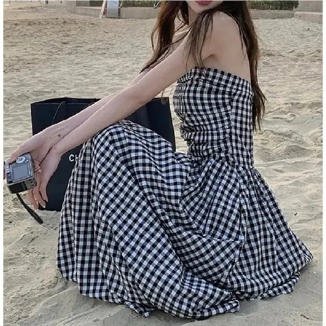 24ギンガムチェック ロングワンピース ベアワンピ ロング フェミニン 韓国ファッション ビーチ