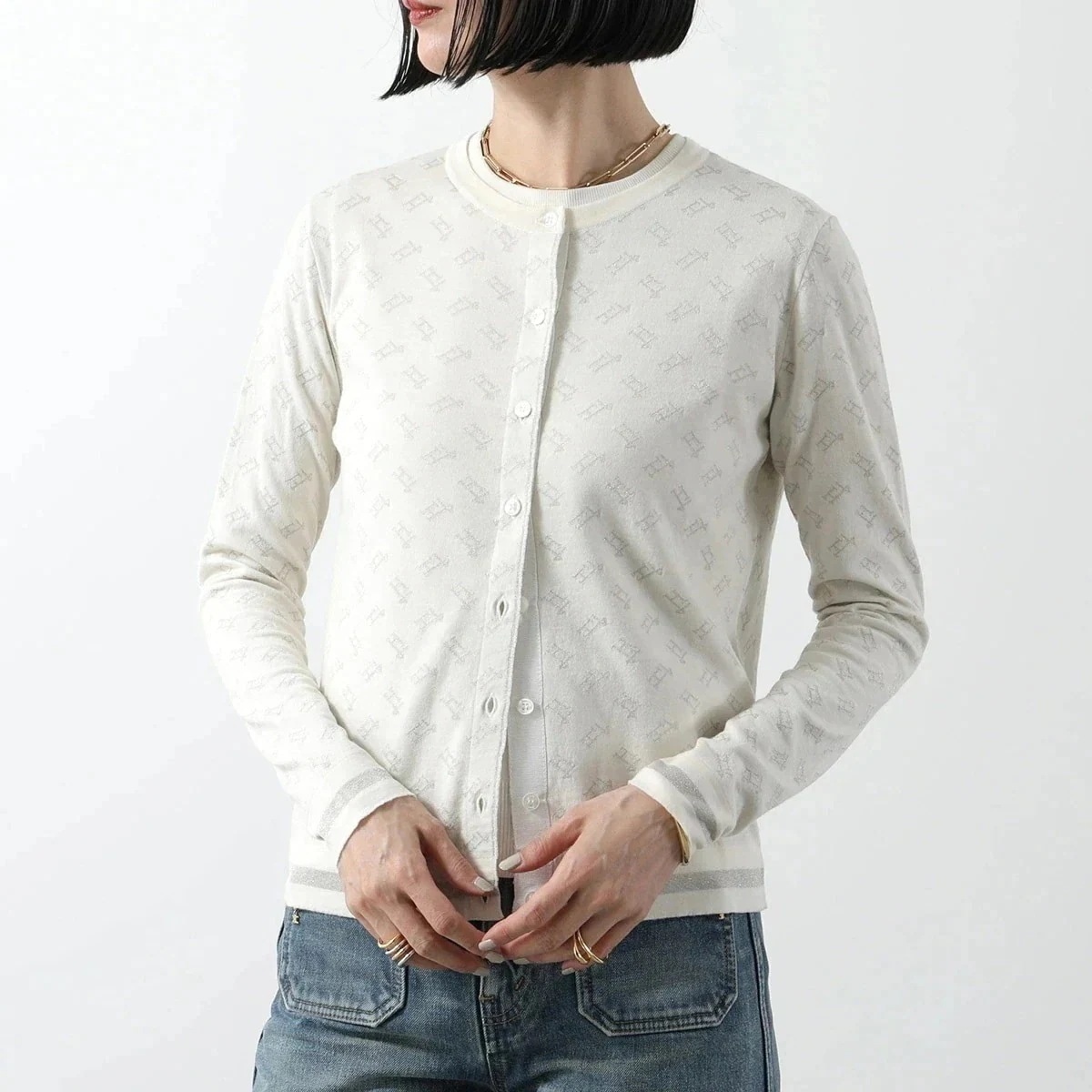 HERNO ヘルノ カーディガン MC0007D 70031 レディース クルーネック 長袖 ウール混 ニット ラメ メタルロゴ 1010