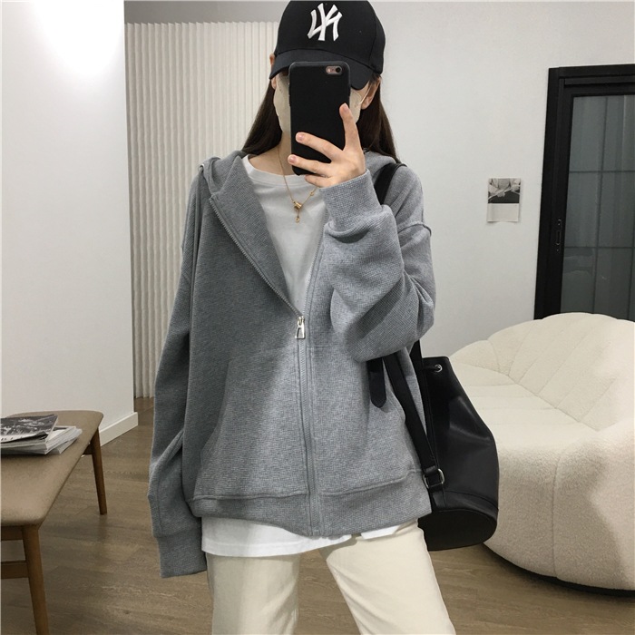 レディース トップス パーカー 長袖 ワッフル ドロップショルダー 萌袖 ノーカラー ポケット 前開き 綿 コットン PU 大人可愛い シンプル カジュアル おしゃれ かっこいい こなれ感 ラフ