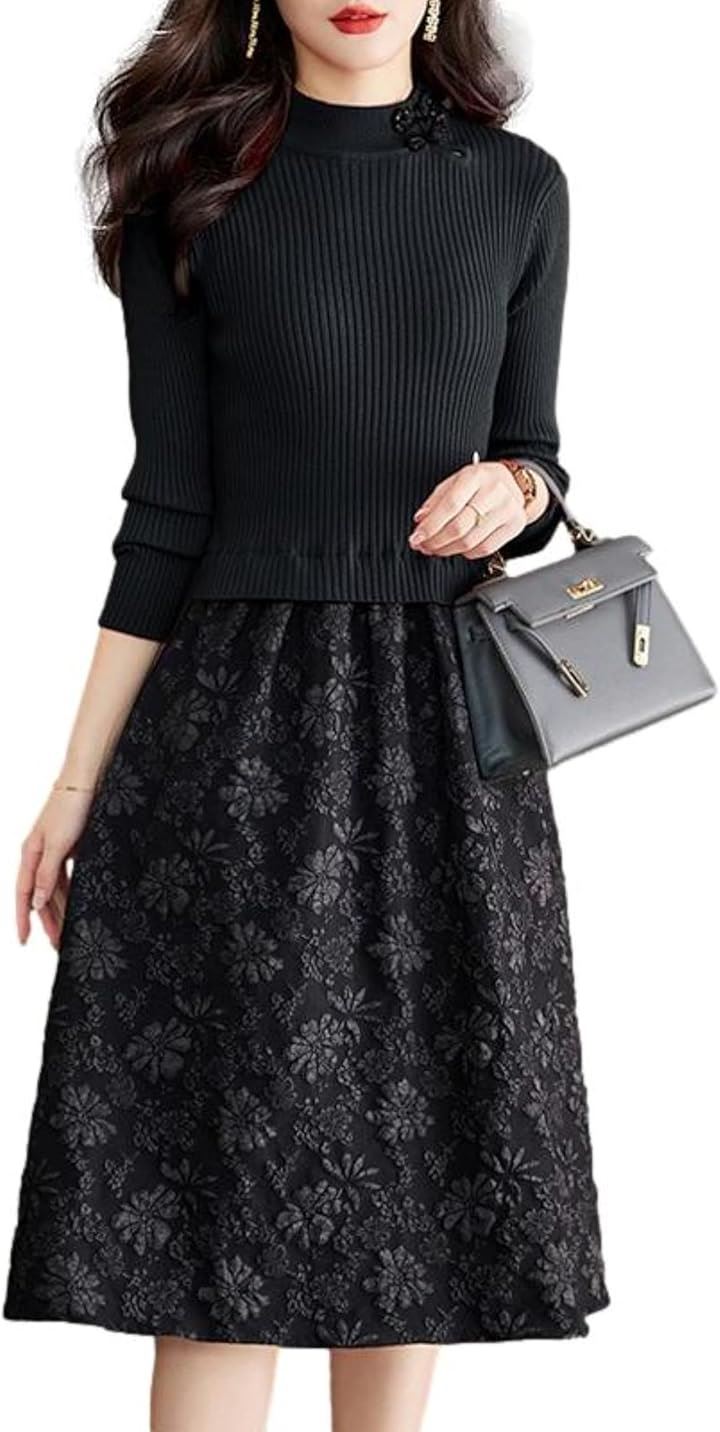 ドッキングワンピース レディース リブニット 花柄 長袖 チャイナボタン BB023(ブラック, L)