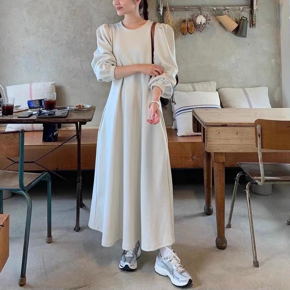 レディース ワンピース フレア ロング マキシ 長袖 パフスリーブ Aライン オーバーサイズ フェミニン ストリート ポケット かわいい 大人可愛い シンプル カジュアル おしゃれ かっこいい