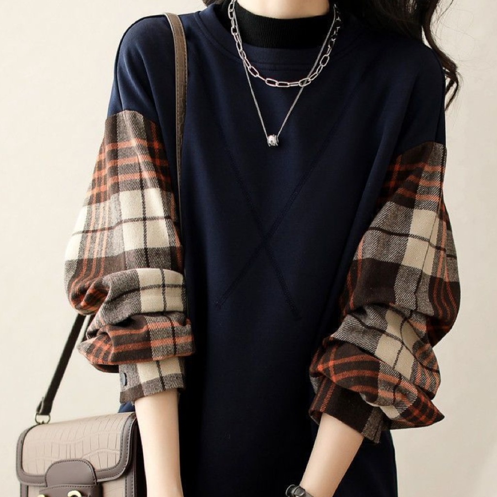 レディース トップス プルオーバー トレーナー スウェット ミドル丈 長袖 ドロップショルダー クルーネック オーバーサイズ 切り替えデザイン 異素材ミックス かわいい 大人可愛い シンプル