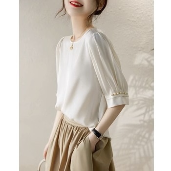 シフォン シャツ トップス 半袖 5分袖 ラウンドネック かわいい 可愛い きれいめ シンプル 上品 おしゃれ お洒落 可愛い 女子 こなれ感 ラブリー キュート ガーリー 存在感