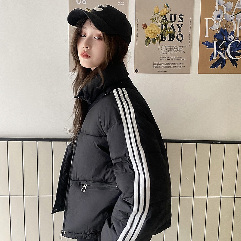 外国貿易コットンコートレディースショートストライプコントラストカラーダウンコットンコートジャケット23韓国スタイル多用途婦人服