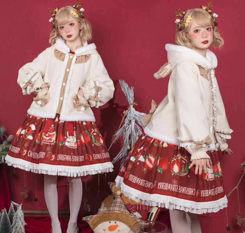 ロリータアウター　レディース　モコモコ綿入りコート　冬LOLITAジャケット　フード付　トナカイ耳　尻尾　大きいリボン　ふわり　スイート萌え萌えダッフルコート　クリスマス衣装　コスチューム　お姫系日常