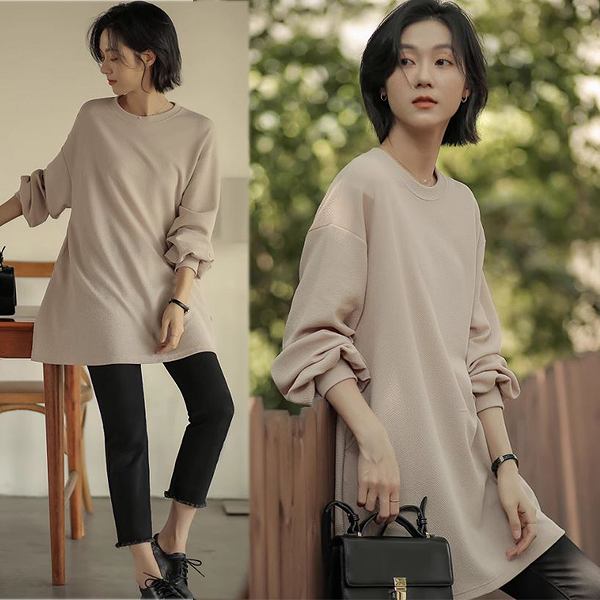 即納 シャツワンピース　チュニック　トップス　長袖　裾広がり　ベージュ　フレアワンピース　上品　ミセス　細く見える 6,251円