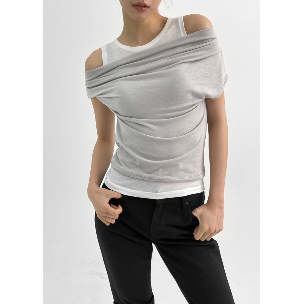 ブラックアップティーズレイヤードドレープナシショートスリーブ T シャツ