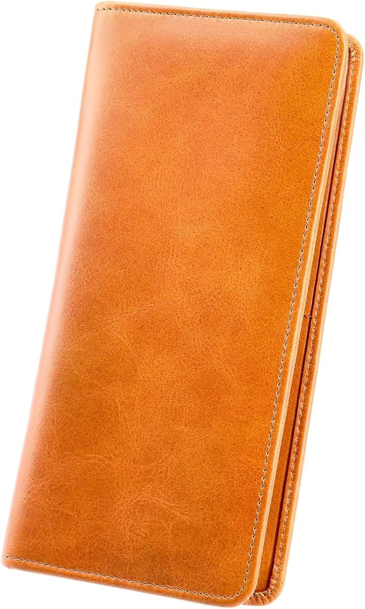 薄型 カード14枚収納 財布 メンズ 長財布 薄い 革財布 本革 ウォレット カードがたくさん入る 男性 レザー 牛革(オレンジ)