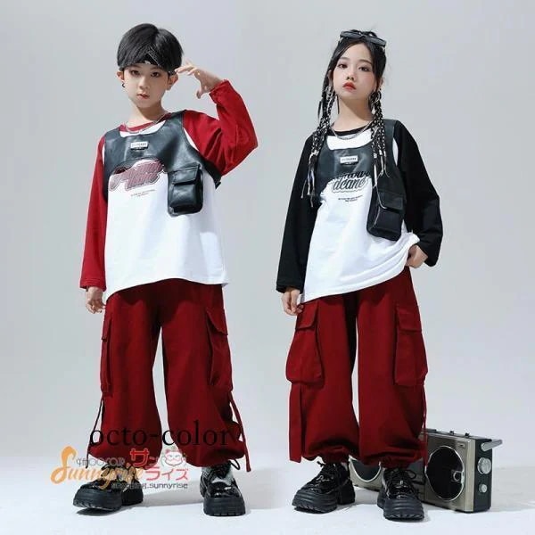 キッズ ダンス衣装 派手 ヒップホップ セットアップ 革ベスト 長袖Tシャツ カーゴパンツ 韓国団体服 応援団 男の子 女の子K-POP おしゃれ 演出服 ステージ衣装