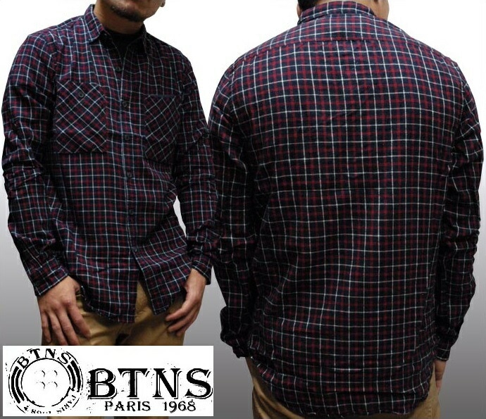 BTNS メンズ カジュアルシャツ ネイビー ロールアップ サファリ シャツ チェックシャツ インポート LAカジュアル アメカジ セレカジ セレブ スタイル 海外人気セレクトショップ プラネットブル