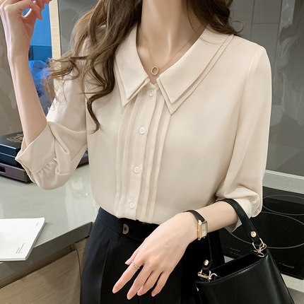 シャツ ブラウス カットソー レディース 7分袖 襟付き Vネック プリーツ 大人可愛い きれいめ シンプル フォーマル おしゃれ 無地 春 秋 ママ デート お出かけ アプリコット トップス