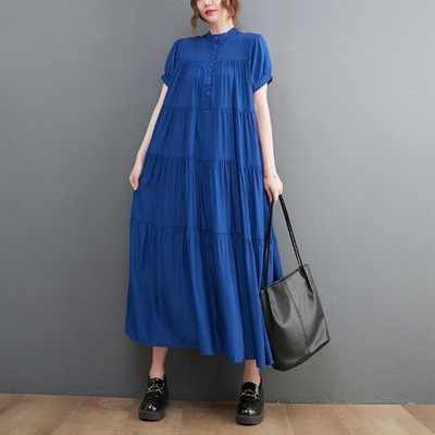 TK0043 シャツワンピース ティアード 半袖 ロング ボリューム